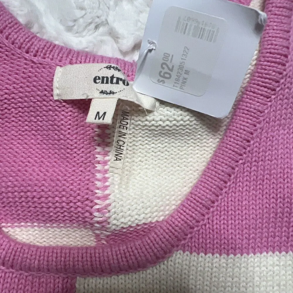 Entro Women's Pink White Crochet Detail Flowers Stretch Knit Top Size M - Picture 3 of 7